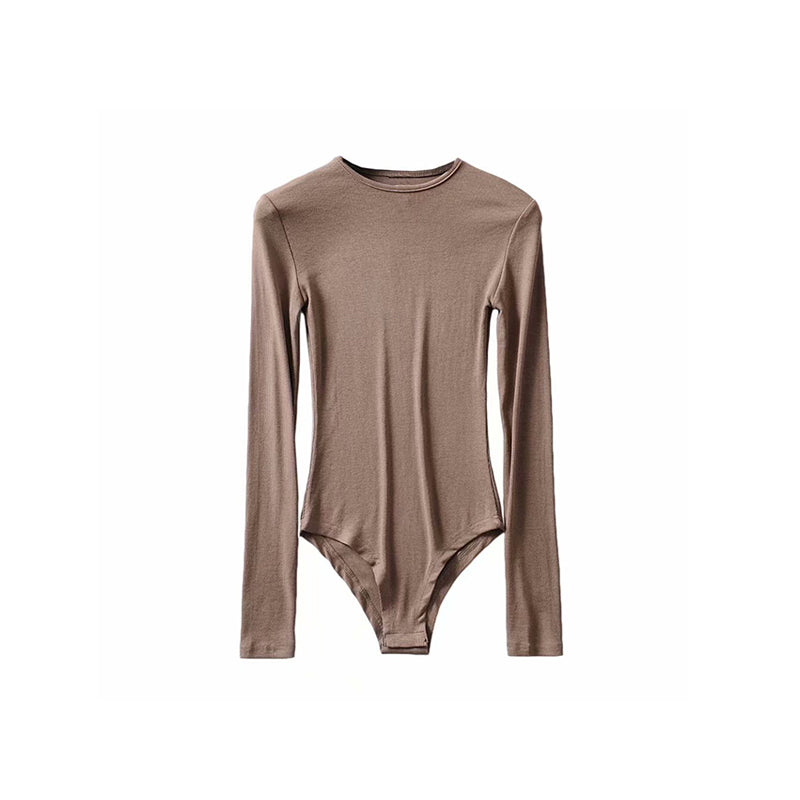 Antmvs Willy Solid Color Ribbed Round Neck Slim Long Sleeve Cropped Bodysuit Top