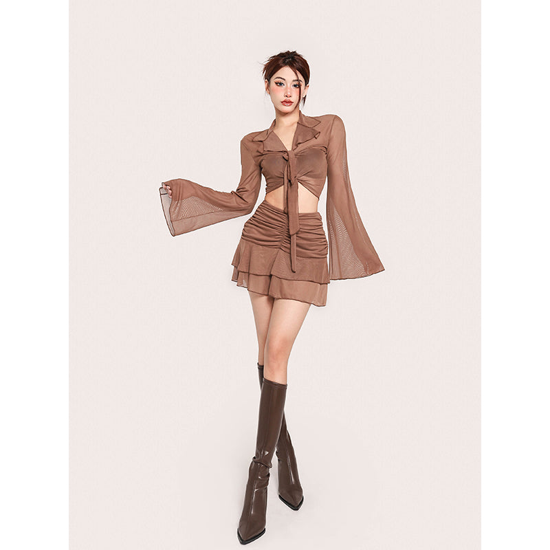 Antmvs Lexi Solid Color Brown Mesh Long Sleeve Front Tie Cropped Top + High Waist Pleated Mini Skirt Matching Set