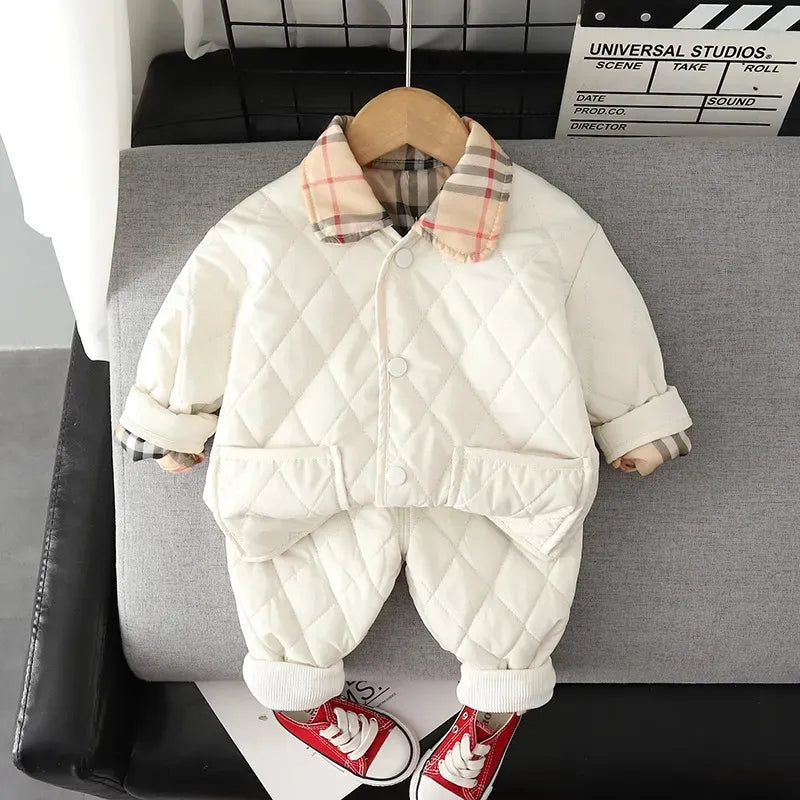 "Cozy and Stylish Autumn Winter Girls Clothes Set with Velvet Lining - Two-Piece Set for Boys - Kids Cotton Coats and Pants - Perfect Children's Clothing for the Cold Season"