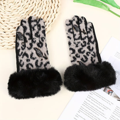 Vintage Leopard Print Faux Fur Cuff Knitted Touchscreen Gloves for Women – Polyester, Full-Finger, Non-Stretch, Stripe Pattern, Mittens for Casual Weekend Use – Warm, Crafted Knitting, No Electricity Required