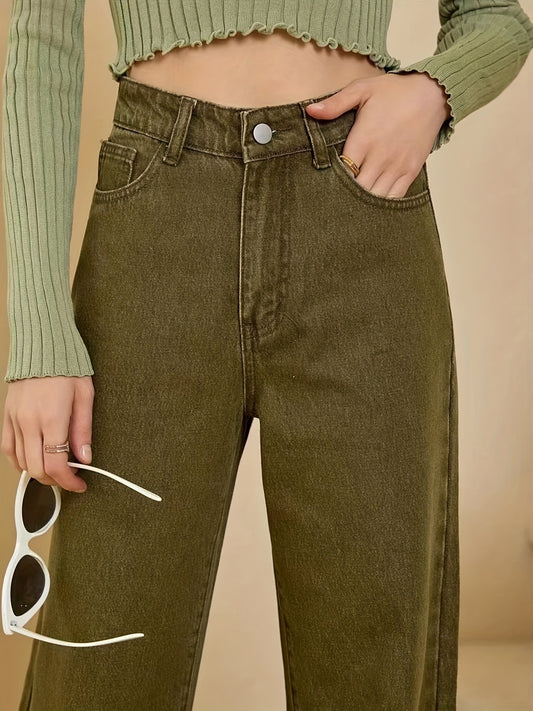 Antmvs Olive Green Frayed Hem Jeans, Solid Color Slant Pocket Straight Leg Denim Pants, Women's Denim Jeans & Clothing