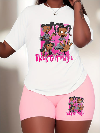 Plus Size Women's 2-Piece Set - Vibrant "Black Girl Magic" Graphic Tee and Matching Blue Shorts - Inspirational Casual Summer Outfit with Relaxed Fit, Breathable Fabric, and Stylish Design for Confident Women