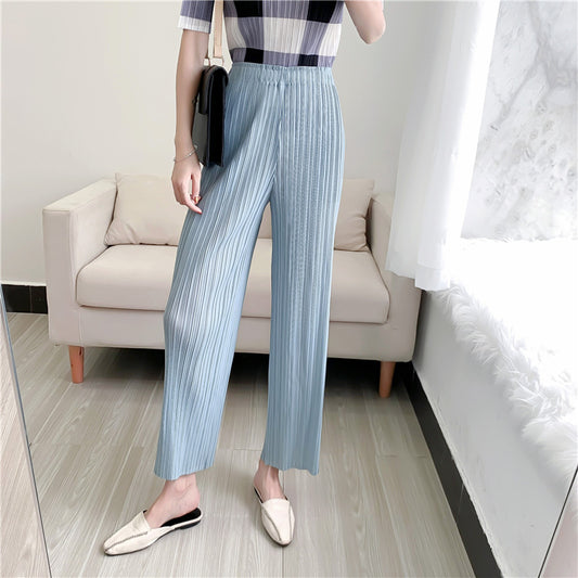 Antmvs Spring and Summer New Casual Pants Simple Loose Comfort and Casual Stretch Pleated Straight Cropped Pants Female Niche KK Pleated