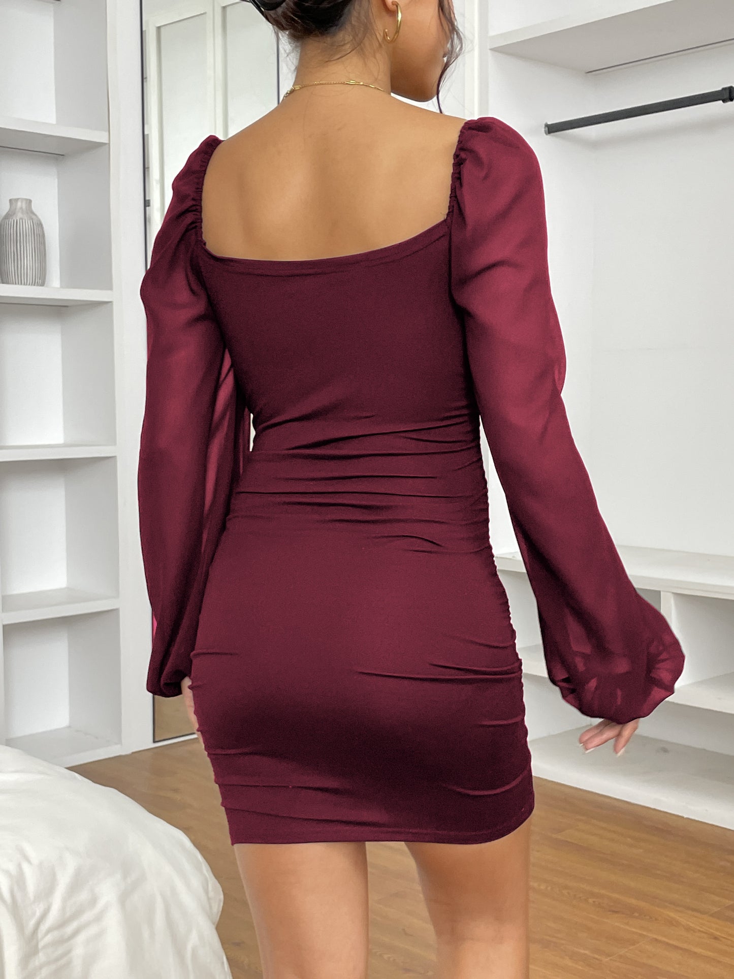 Antmvs Squared Neck Mesh Long Sleeve Dress, Solid Elegant Bodycon Mini Dress, Women's Clothing
