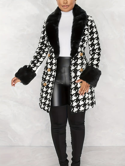 Antmvs Houndstooth Faux-Fur Trim Outwear, Elegant Double Breasted Long Sleeve Belted Coat For Winter, Women's Clothing