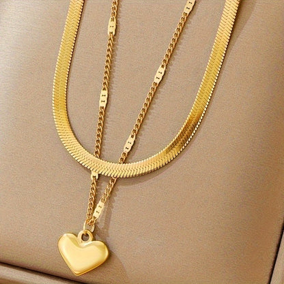 A Stainless Steel Gold-plated Double-layer Stacked Love Design Necklace, Simple Casual Retro Trend, Versatile Women's Street Daily Commuter Holiday Party Wear