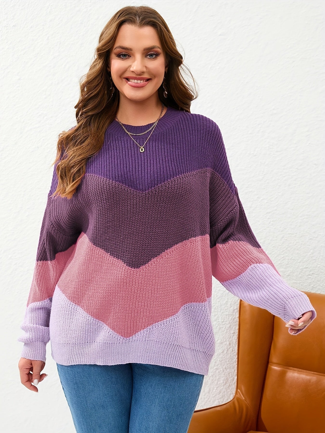 Antmvs Plus Size Casual Sweater, Women's Plus Colorblock Long Sleeve Round Neck Loose Fit Pullover Jumper