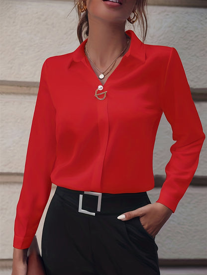 Antmvs Solid Polo Collar Shirt, Elegant Long Sleeve Shirt For Spring & Fall, Women's Clothing