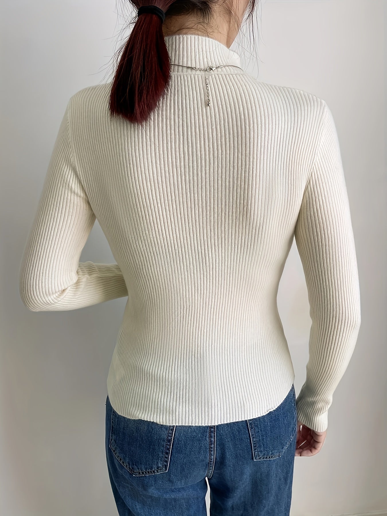 Antmvs High Neck Rib Knit Sweater, Casual Solid Long Sleeve Sweater, Women's Clothing