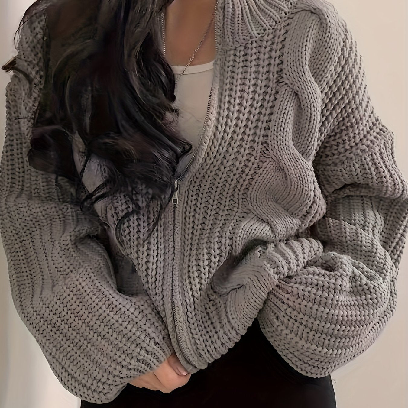 Antmvs Solid Zip Up Chunky Knit Cardigan, Vintage Long Sleeve Loose Sweater, Women's Clothing