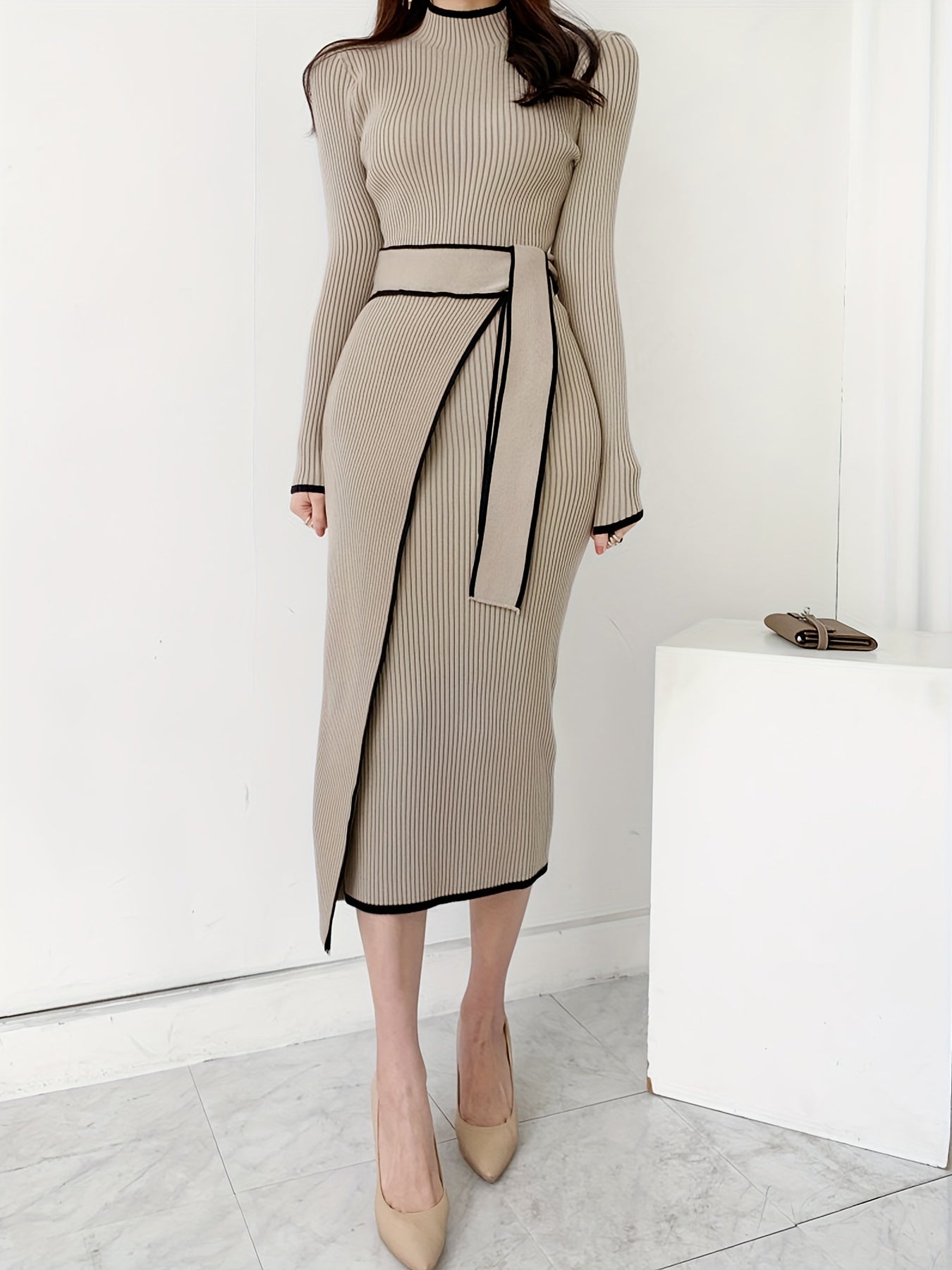 Antmvs Contrast Trim Ribbed Dress, Elegant Mock Neck Long Sleeve Midi Dress, Women's Clothing