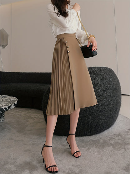 Antmvs Solid High Waist Pleated Skirt, Elegant Button A Line Midi Skirt, Women's Clothing