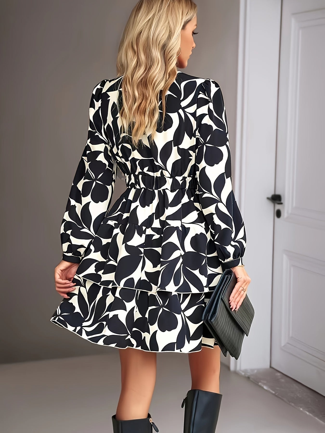 Antmvs Floral Print V Neck Dress, Elegant Long Sleeve Ruffle Hem Dress, Women's Clothing