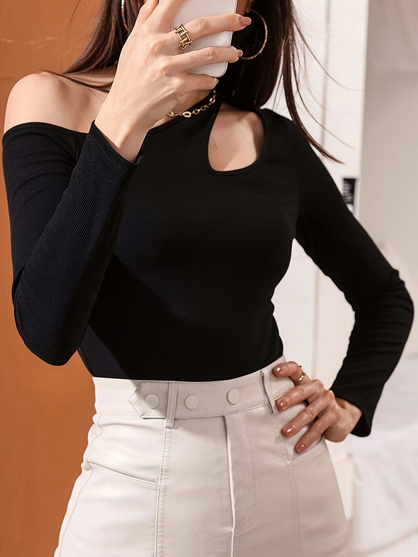 Antmvs Cutout Solid Cold Shoulder T-Shirt, Casual Long Sleeve Top For Spring & Fall, Women's Clothing