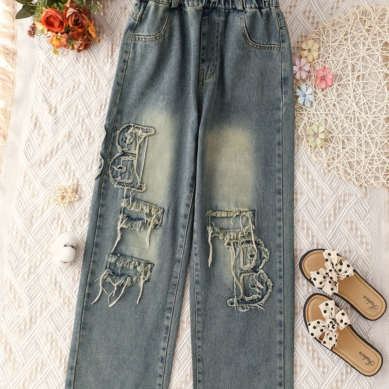 Antmvs Girls Vintage Rip Patches Design Loose Fit Wide Leg Denim Pants For Street Style