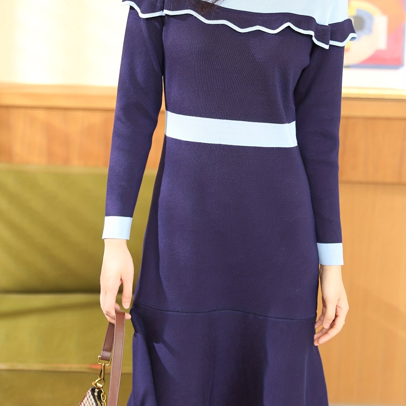 Antmvs Ruffle Trim Color Block Dress, Casual Crew Neck Long Sleeve Dress, Women's Clothing