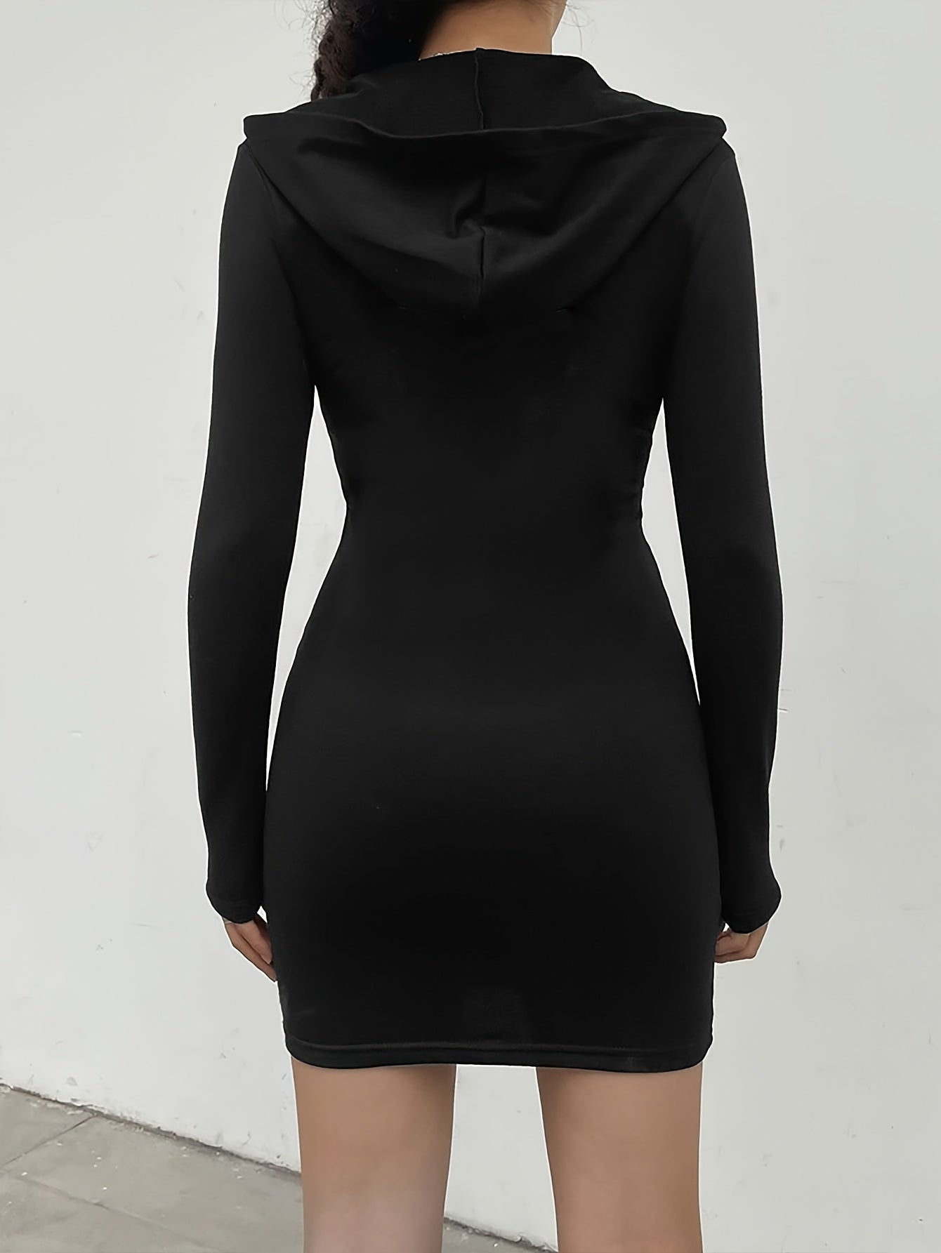 Antmvs Wing Print Hooded Dress, Casual Zipper Long Sleeve Mini Dress, Women's Clothing
