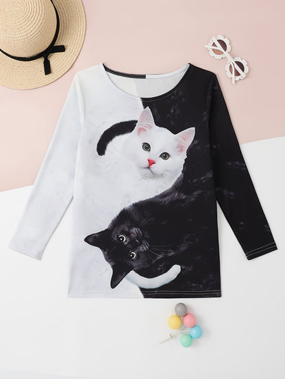 Vibrant Kitty & Reindeer Graphic Long Sleeve T-Shirt for Girls - Soft, Breathable, and Comfortable Fabric - Perfect for Spring, Fall, and Christmas Gift Ideas