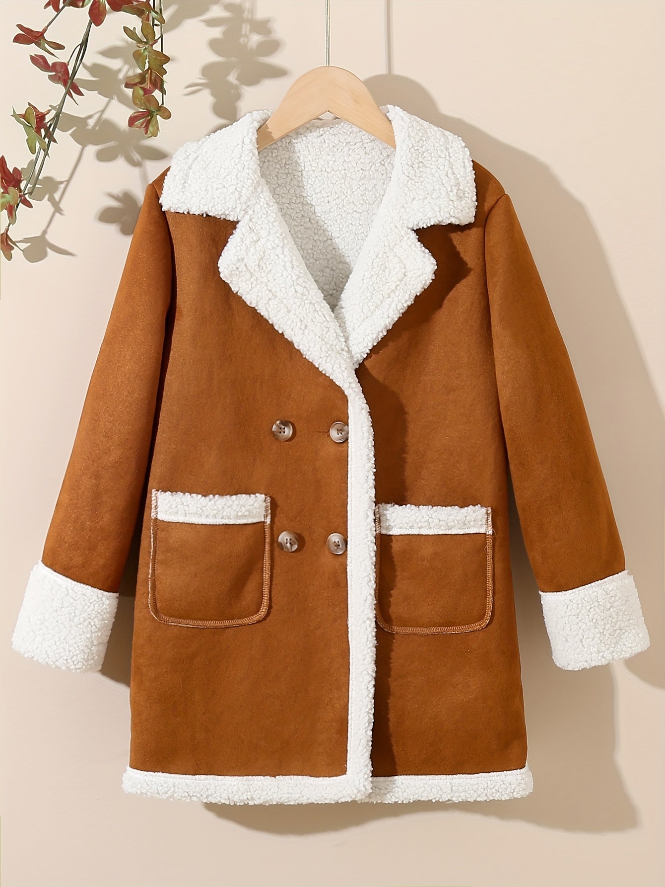 Antmvs Girls Lapel Fleece Spliced Vintage Button Pea Coat For Winter Outerwear