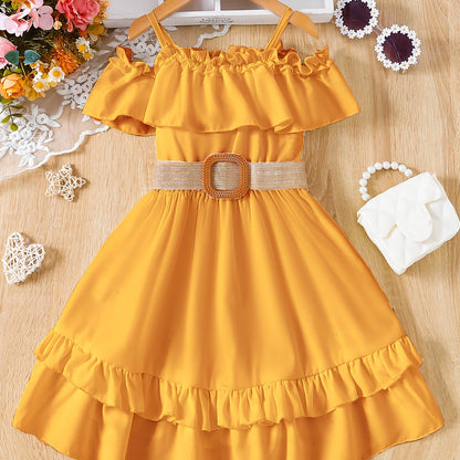 Charming Girls Solid Ruffle Trim Dress - Fashionable Belted Waist for Summer Parties & Holidays - Premium Quality, Comfortable, Ideal Gift