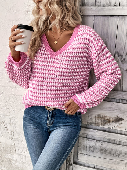 Antmvs Striped V Neck Pullover Sweater, Casual Long Sleeve Drop Shoulder Sweater, Women's Clothing