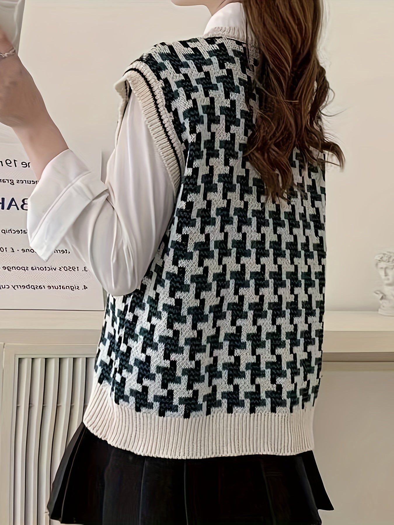 Antmvs Houndstooth Crew Neck Split Vest, Preppy Sleeveless Pullover Knitted Top, Women's Clothing