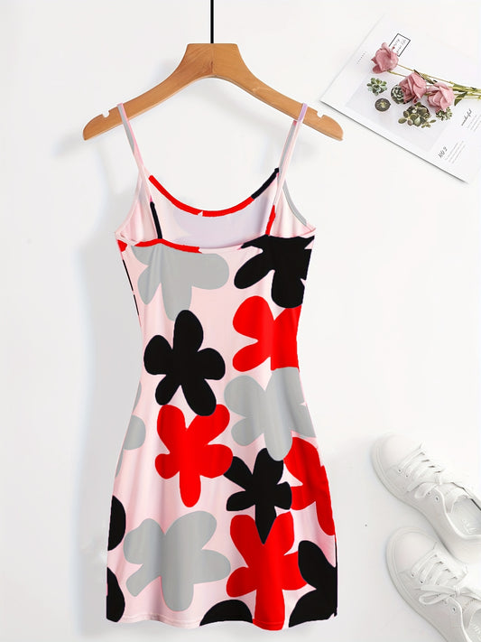 Antmvs Floral Print Bodycon Cami Dress, Sexy Backless Spaghetti Dress, Women's Clothing