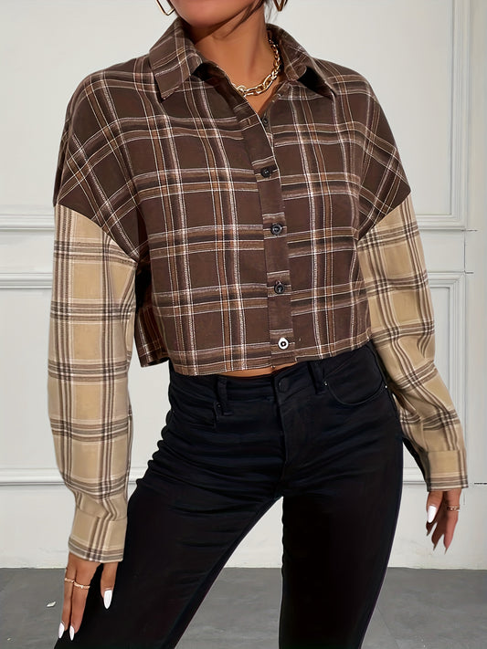 Antmvs Plaid Print Color Block Crop Jacket, Casual Drop Shoulder Button Front Jacket, Women's Clothing