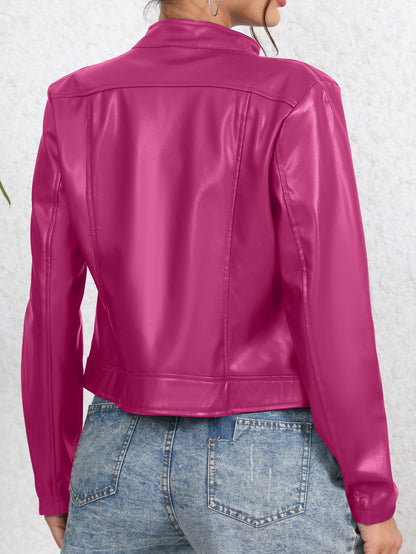 Antmvs Faux Leather Zip Up Jacket, Biker Long Sleeve Jacket For Fall & Winter, Women's Clothing