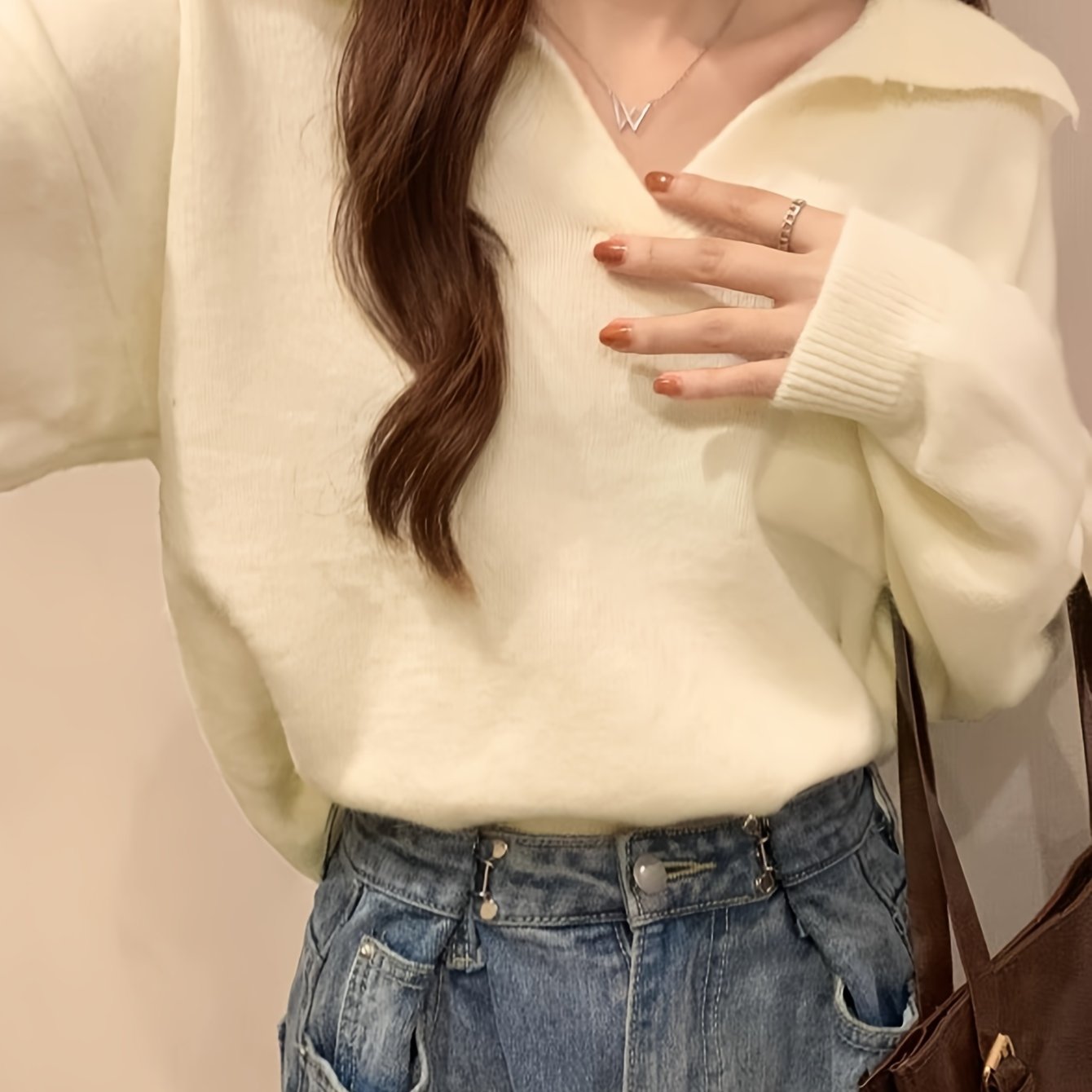 Antmvs Solid Notched Collar Pocket Sweater, Casual Long Sleeve Drop Shoulder Sweater, Women's Clothing