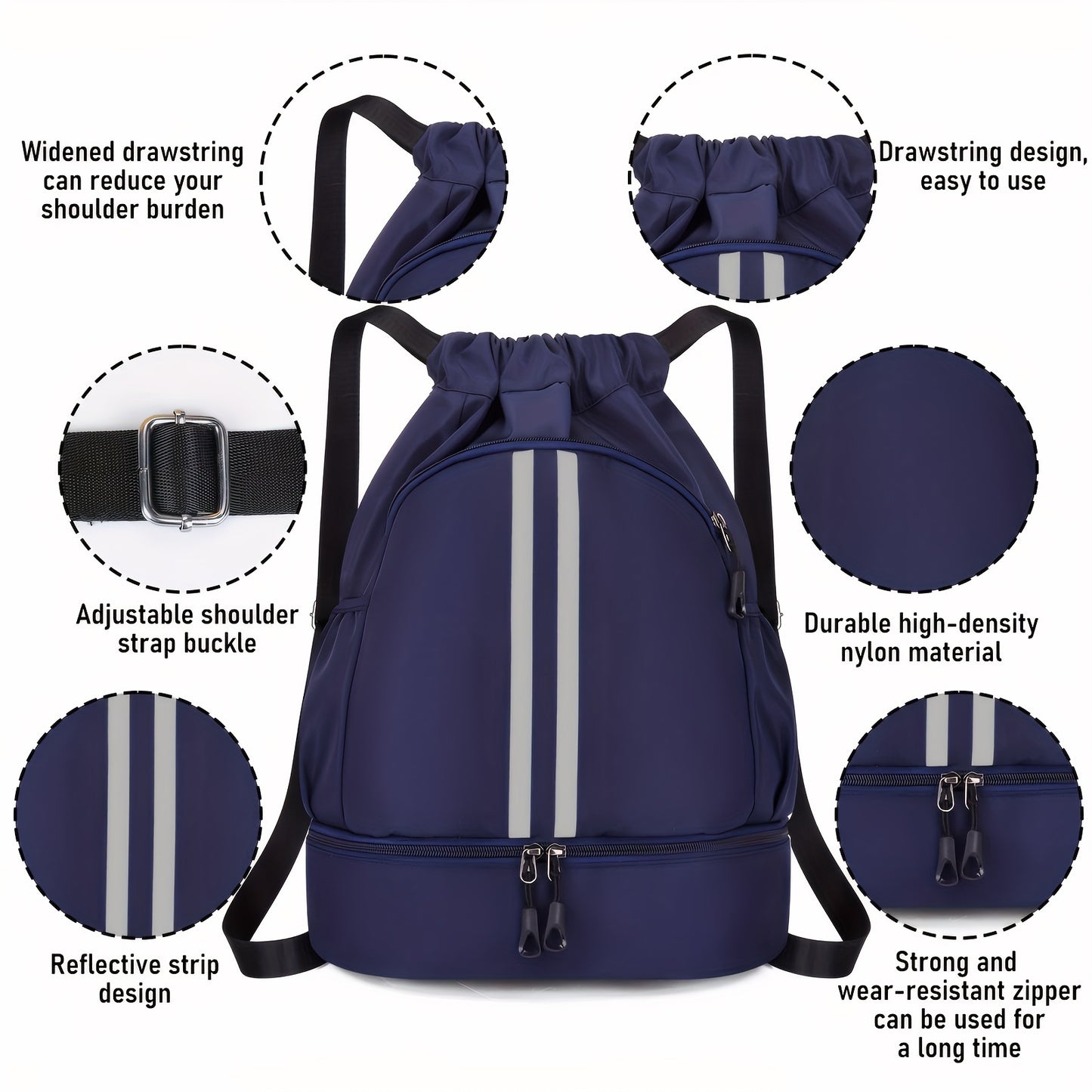 1pc Water-Resistant Drawstring Backpack - Durable Sports Gym Bag with Spacious Shoe Compartment, Two Breathable Mesh Pockets, and Reflective Strip for Increased Visibility - Unisex Navy Blue Bag for Men and Women