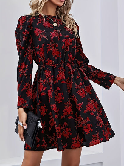 Antmvs Floral Print Keyhole Dress, Elegant Crew Neck Long Sleeve Dress, Women's Clothing