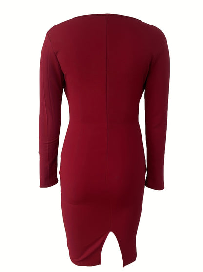 Antmvs Long Sleeve Bodycon Dress, V Neck Casual Dress, Women's Clothing