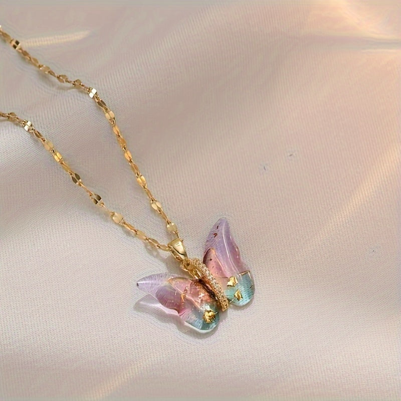 Spring and Summer New Fashion Dopamine Style Sweet Light Luxury Style Shining Symphony Pink Butterfly Pendant Necklace A Perfect Gift for Girls and Women