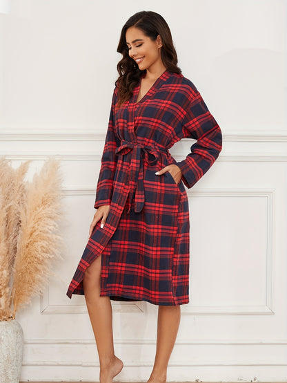 Plaid Chic Womens Robe - Stylish & Cozy, Dual-Pocket Lounge Wear with Long Sleeves and Belt Closure for Ultimate Comfort