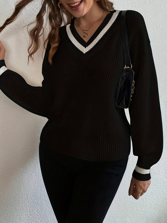 Antmvs Preppy Color Block Pullover Sweater, Casual Long Sleeve V Neck Sweater For Spring & Fall, Women's Clothing