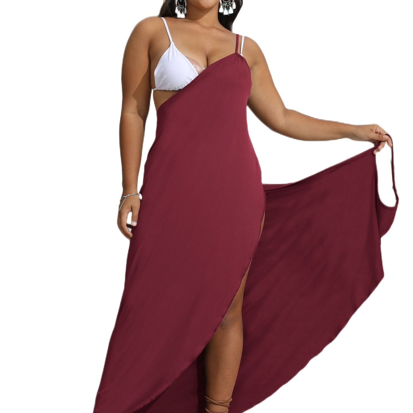 Antmvs Plus Size Sexy Wrap Dress, Women's Plus High Split Solid Medium Stretch Cami Maxi Dress