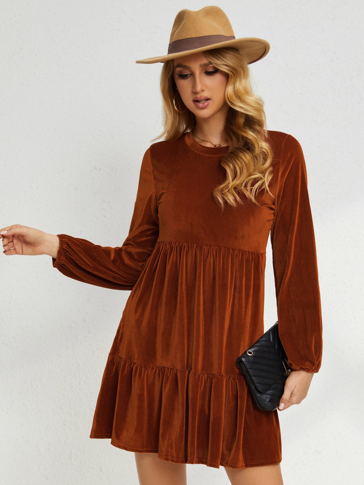 Antmvs Solid Tiered Dress, Casual Crew Neck Long Sleeve Dress, Women's Clothing