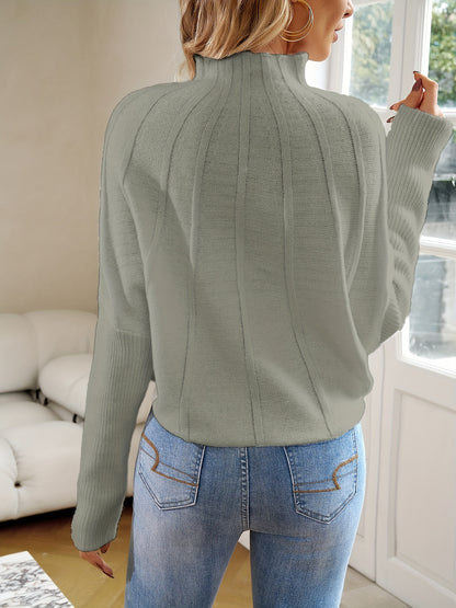 Antmvs Mock Neck Batwing Sleeve Sweater, Elegant Solid Loose Sweater For Fall & Winter, Women's Clothing