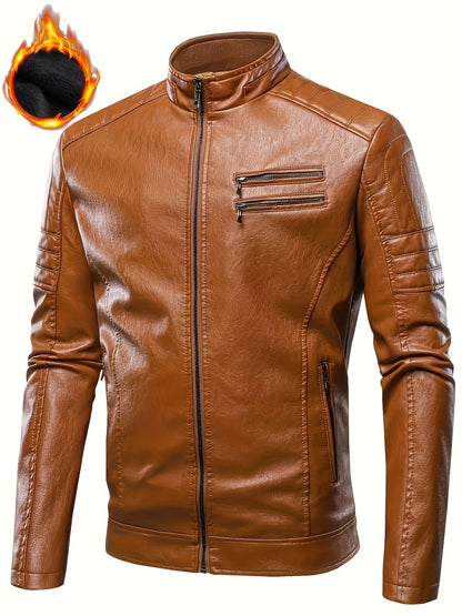 Plus Size Men's Faux Leather Casual Jacket - Quilted Shoulders, Zippered Pockets, Soft Lining, Adjustable Waist, Versatile Design for Everyday Wear - Perfect for Casual Occasions and Outdoor Activities