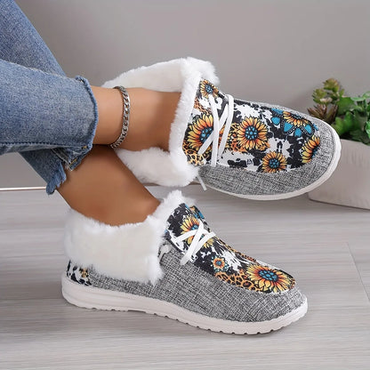 Women Plush Lined Snow Boots Sunflower Print Cozy Slip On Fuzzy Canvas Shoes Thermal Ankle Boots