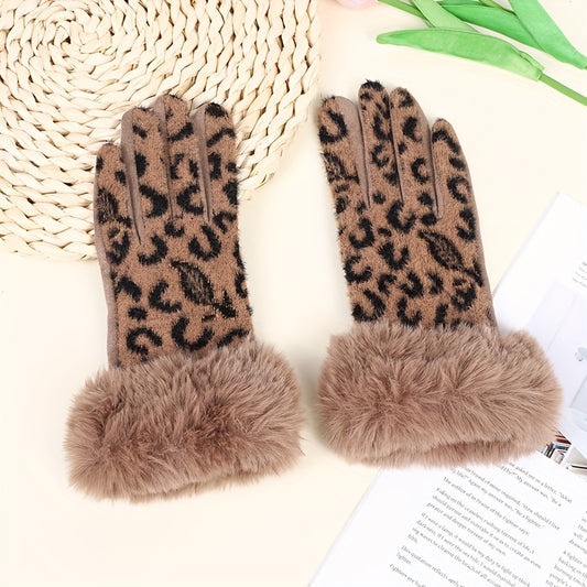 Vintage Leopard Print Faux Fur Cuff Knitted Touchscreen Gloves for Women – Polyester, Full-Finger, Non-Stretch, Stripe Pattern, Mittens for Casual Weekend Use – Warm, Crafted Knitting, No Electricity Required