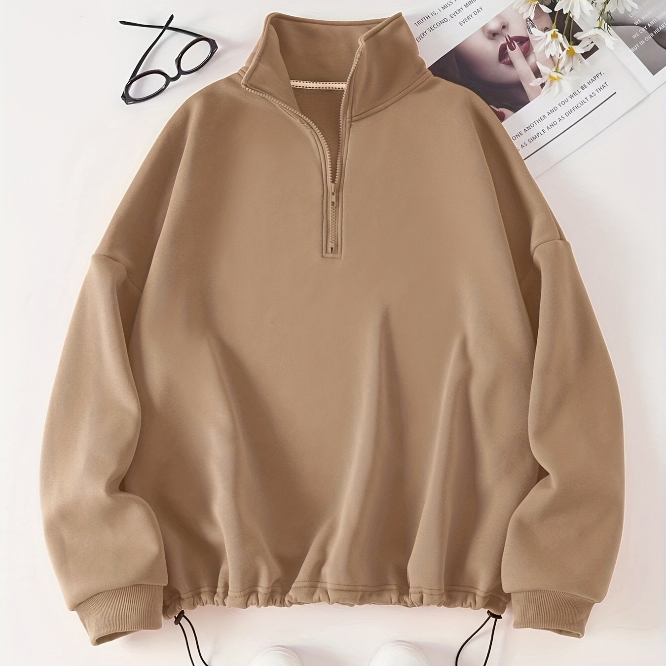 Antmvs Solid Quarter Zip Pullover Sweatshirt, Casual Long Sleeve Mock Neck Sweatshirt For Fall & Winter, Women's Clothing