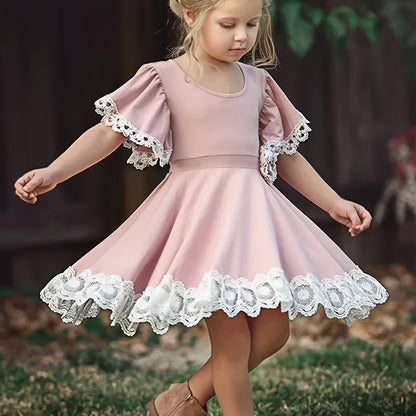 Toddler Girls Butterfly Sleeve Contrast Lace Trim Princess Dress For Party Beach Vacation Kids Summer Clothes