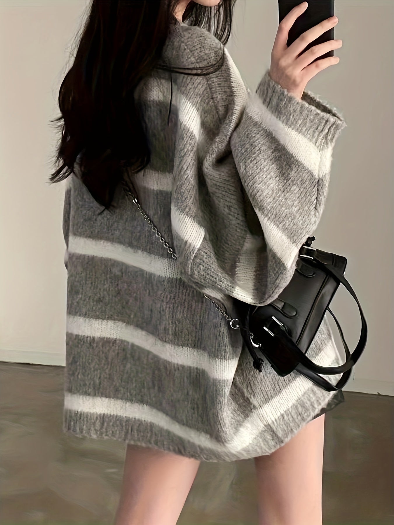 Antmvs Striped Crew Neck Pullover Sweater, Casual Long Sleeve Oversized Cozy Sweater, Women's Clothing
