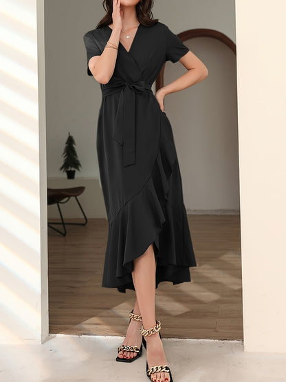 Antmvs Solid Ruffle Trim Dress, Elegant Surplice Neck Short Sleeve Maxi Dress, Women's Clothing