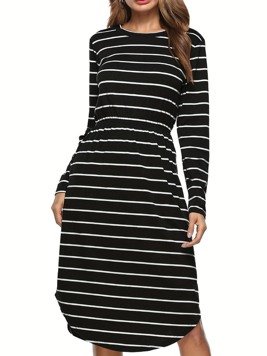 Antmvs Plus Size Elegant Dress, Women's Plus Striped Print Long Sleeve Round Neck Nipped Waist Asymmetric Hem Dress