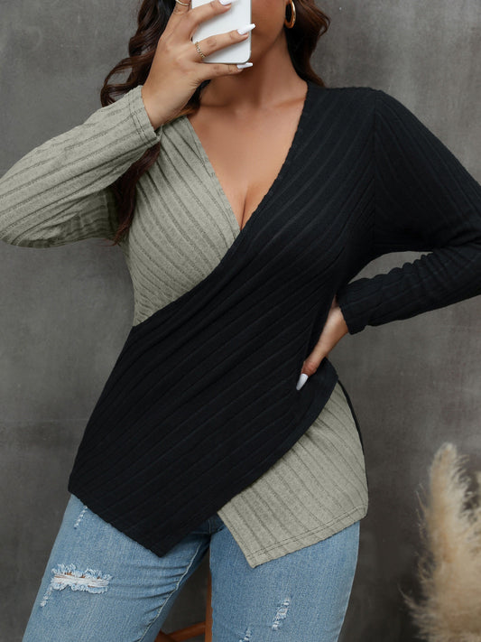 Antmvs Plus Size Casual Sweater, Women's Plus Colorblock Cross V Neck Long Sleeve Medium Stretch Jumper