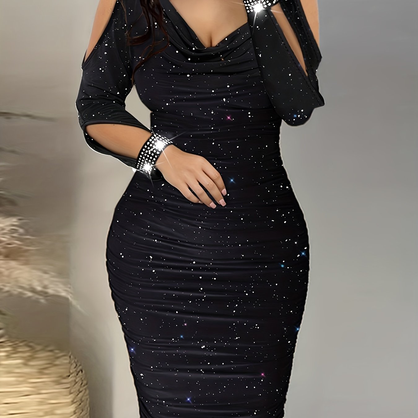 Antmvs Cold Shoulder Ruched Body-Con Dress, Solid Sexy Dress For Spring & Fall, Women's Clothing