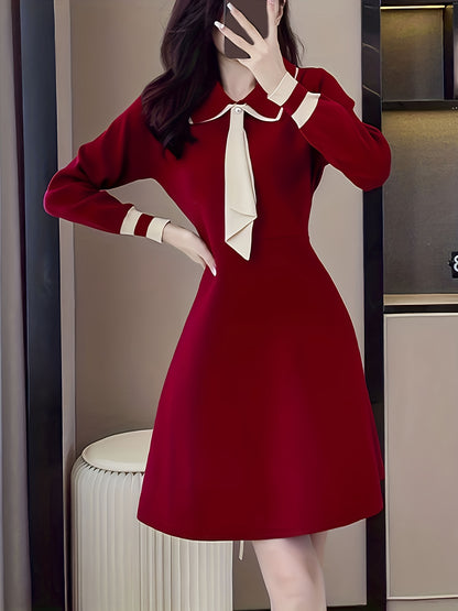 Antmvs Tie Neck A Line Dress, Elegant Long Sleeve Midi Dress, Women's Clothing